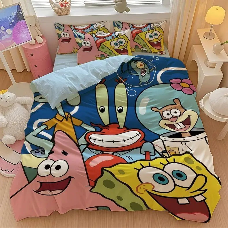 New Anime SpongeBobs Bedding Set Duvet Cover Bed Set Quilt Cover Pillowcase Comforter king Queen Size Boys Adult Bedding Set