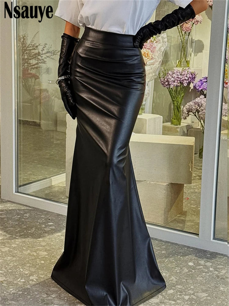 Nsauye Fashion Elegant PU Leather Long Package Skirts High Waisted Maxi Y2K Sexy Women Wrap Skirt Vintage Clothes 2025 Autumn