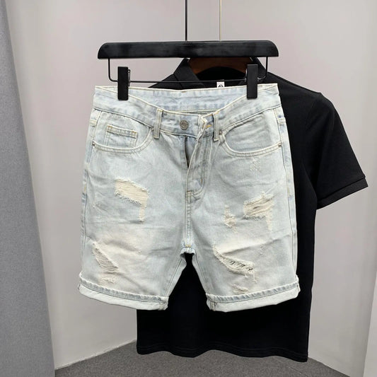 New 2025 Beggar Cat Whisker Big Hole Popular Pants Men's Summer Trendy Brand Washed Blue Denim Shorts Streetwear Ripped Jeans