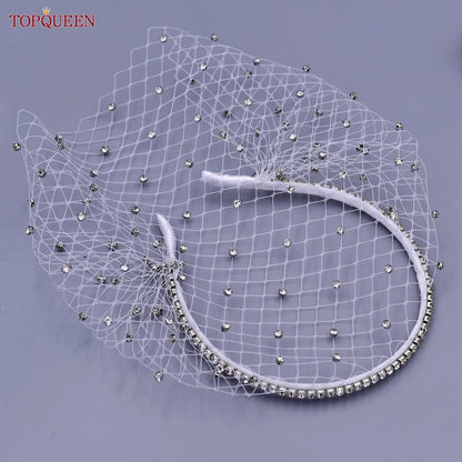 TOPQUEEN VA12 Wedding Birdcage Veil Bridal Blusher Veil White Headband Veil for Bridal Fascinators Black Face Net Mask Bachelore