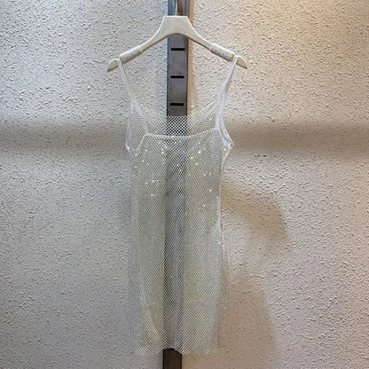 2024Spring and Summer Sparkling Bright Diamond Glitter Halter Dress Hollow Out See-through Celebrity Sexy Backless Halter Dress