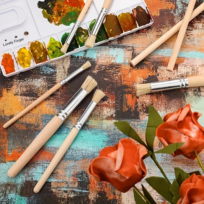 6pcs Stencil Brushes Set Bristle Hair Wooden Handle Paint Brushes Perfect for Students DIY Crafts Painting
