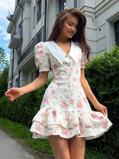 Short Puff Sleeves Print Ruffled Hem Dress Women V-Neck  Pearl Buttons High Waist A-line Mini Dress Female Holiday Slim Robe