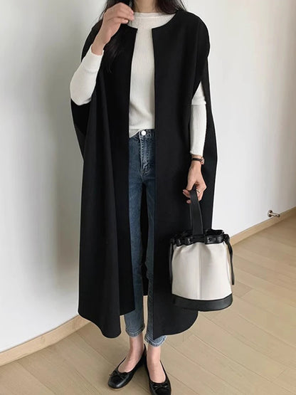 Chic Autumn Winter Loose Coat Sle Pure Color Long Women's Vest Jaet Korean Version Commute Sle Long Sve round Ne