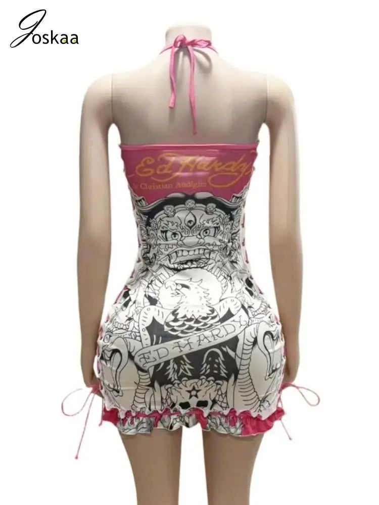 Joskaa 2025 Summer Women's Sexy Print Halter Wrap Chest Backless Side Hollow Bandage Body-Shaping Mini Dress Holiday Beachwear