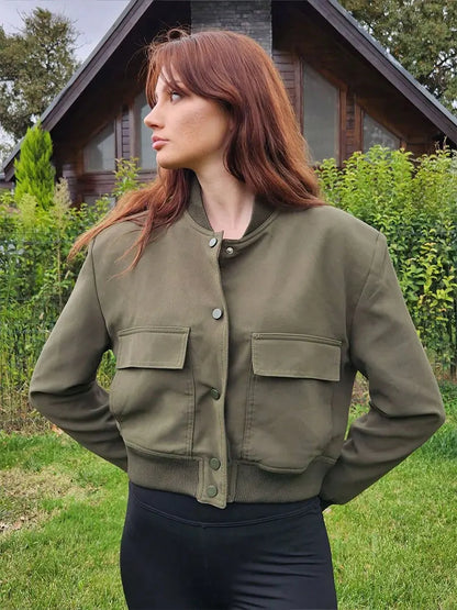 HH Women Casual Solid Bomber Jackets Fashion Long Sleeve Buttons Crop Coats Pockets Female 2025 Autumn Elegant Outerwear