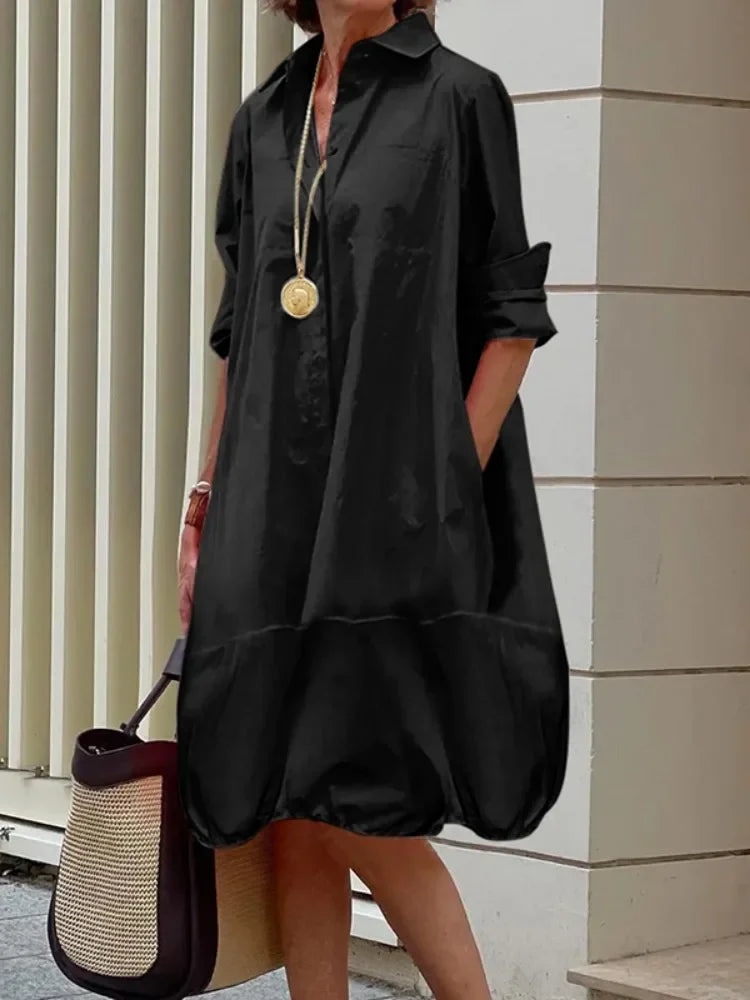 Yeezzi Women's Lapel Shirts Dress 2024 New Spring Summer Long Sleeves Loose Solid Color Casual Going Out Office Midi Dresses