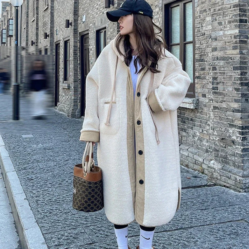 Hooded Wool Coats Women Autumn Winter Thicken Korean Style Casual Lambswool Loose Simple All-match Streetwear Patchwork Elegant