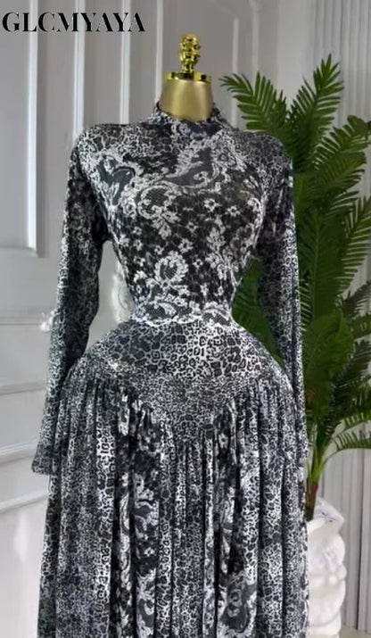 GLCMYAYA Women Full Sleeve Floral Printed O-neck Maxi Long Dress 2025 Evening Birthday Vacation Sexy Party Club Vestidos Dresses