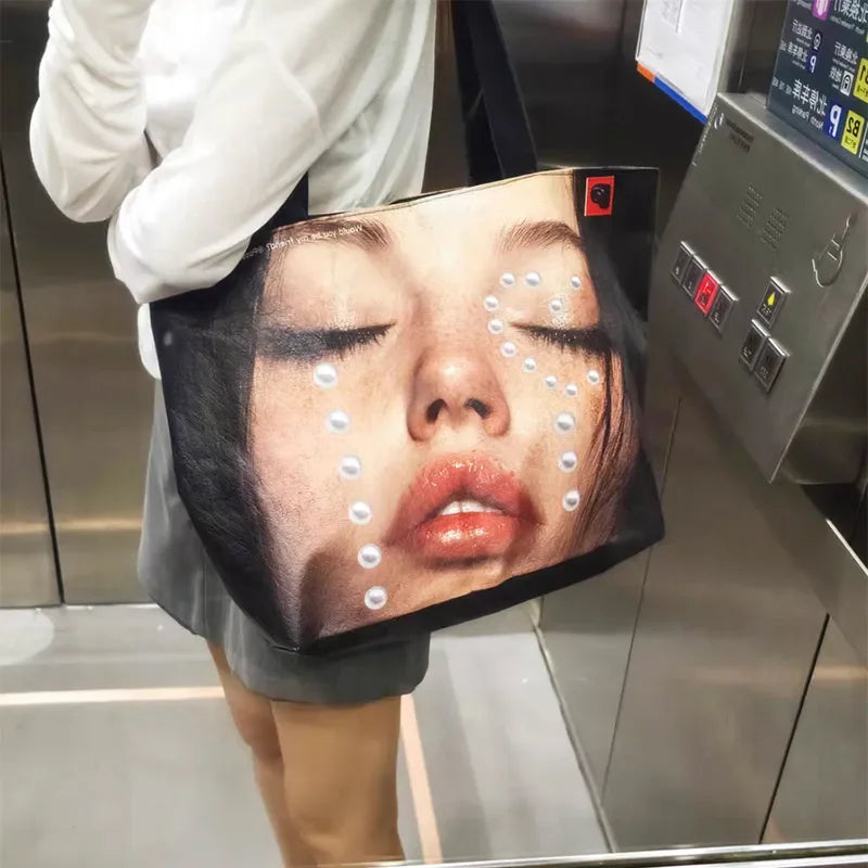 New Stylish Large-capacity Waterproof Shoulder Bag - Creative Women's Face-print Handbag - DuPont Paper Large Shopping Bag