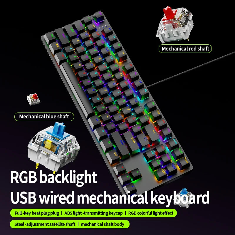 Gaming Mechanical Keyboard  AK87 Hot Swappable RGB Backlit, USB Wired Full Size Anti-Ghosting Keyboard with Red/Blue Switch for