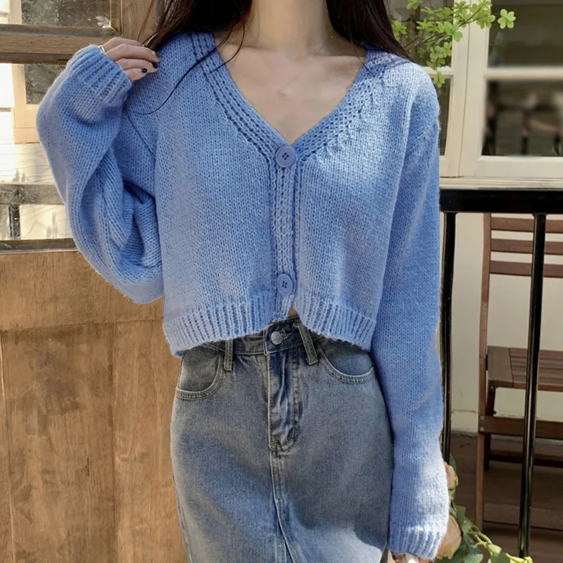 Women Autumn Long Sleeve Sweater Cardigan Sexy V-Neck Button Down Cropped Jacket Sweet Solid Candy Color Loose Knitted Outwear