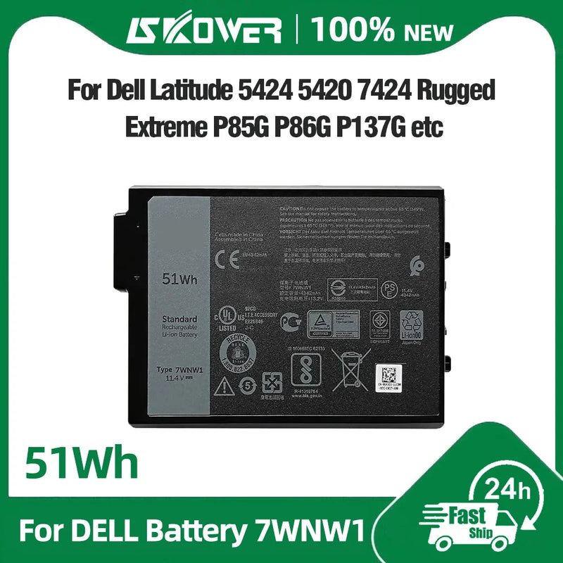 51Wh 7WNW1 Laptop Battery for Dell Latitude 5420 5424 7424 Rugged Extreme P85G P86G P85G001 P86G001 GK3D3 DMF8C
