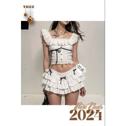 Sweet Cool Homemade White Crop Top Bow Half Length Skirt Lovely Spicy Skinny Puffy Cake Skirt Female Short Skirt Girl Streetwear