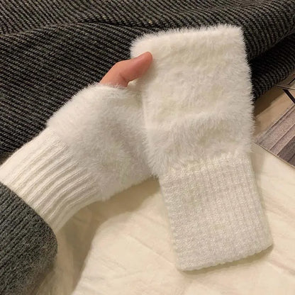1pair Mink Fleece Soft Winter Half Finger Gloves Women Warm Plush Knitted Fingerless Gloves Girls Cute Wrist Mittens Writting