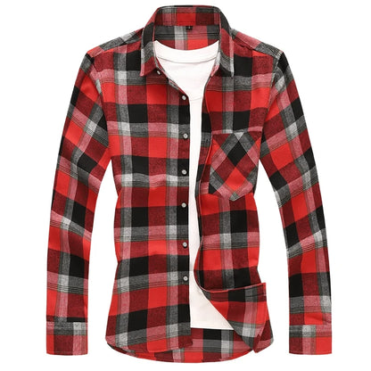 2026 New Men's Long Sleeved Plaid Shirt, with Two Chest Pockets Single Breasted Lapel Cotton Shirts Big Size Male Top Chemise