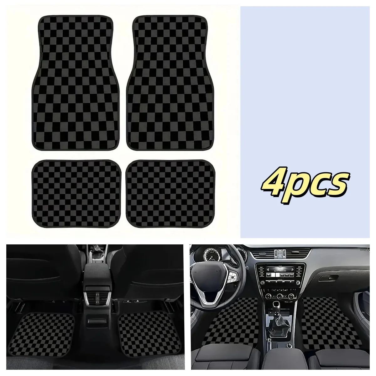 4pcs Universal Floor Mats Checkered Front Rear Carpets Floor Mats Auto Interior Decorative Accessory Anti Slip Car Carpet Sets