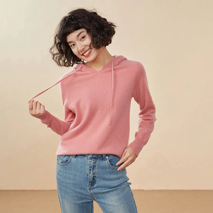 ADDONEE Women Cashmere Hooded Pullover Sweater 100% Cashmere Knitwear Spring Autumn Casual Simple Style Hoodie Clothing Tops