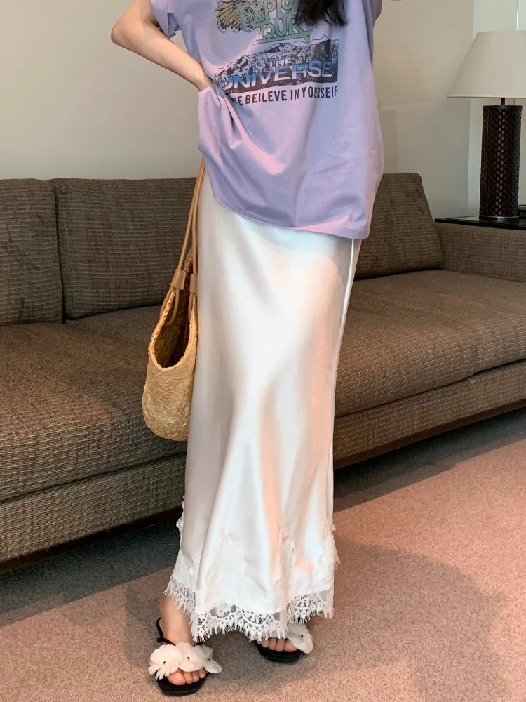 Elegant Long Skirts for Women Summer High Waist Lace Satin Skirt Women's A-line Korean Fashion Solid Color Loose Women's Skirt