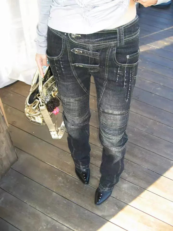 American Street Oversize Washed Retro Heavy Industry Motorcycle Jeans Women Low Waist Slim Fit Distressed Pleat Scratched Jeans