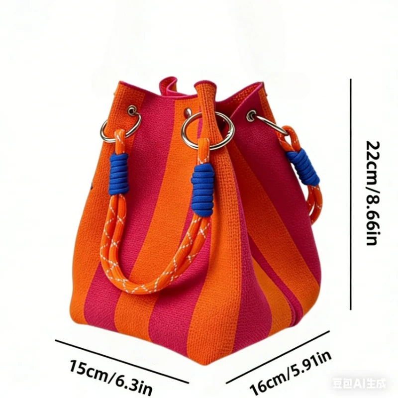 Trendy Woven Bucket Bag for Women, Korean Fashion Knitted Handheld Shoulder Bag, Lightweight Tote for Vacation Shopping Travel