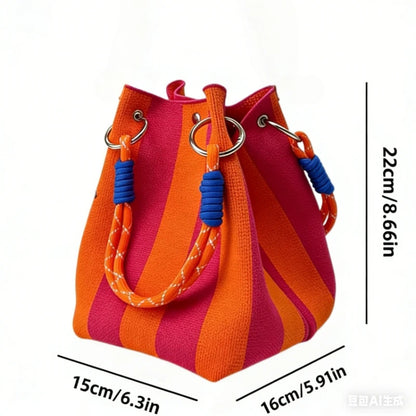 Trendy Woven Bucket Bag for Women, Korean Fashion Knitted Handheld Shoulder Bag, Lightweight Tote for Vacation Shopping Travel