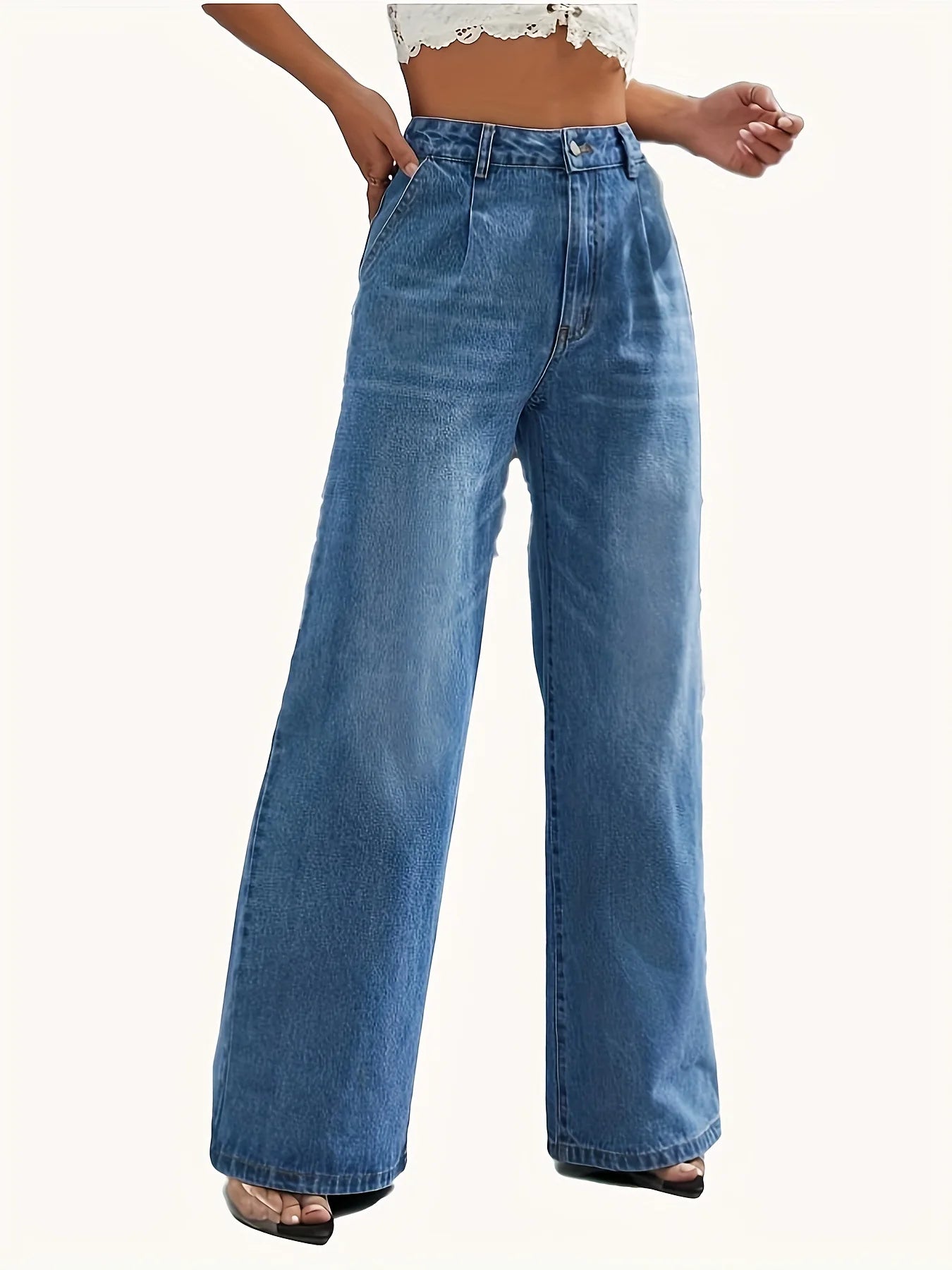New women's cross-border European and American style solid color jeans women's straight wide leg pants casual all-match