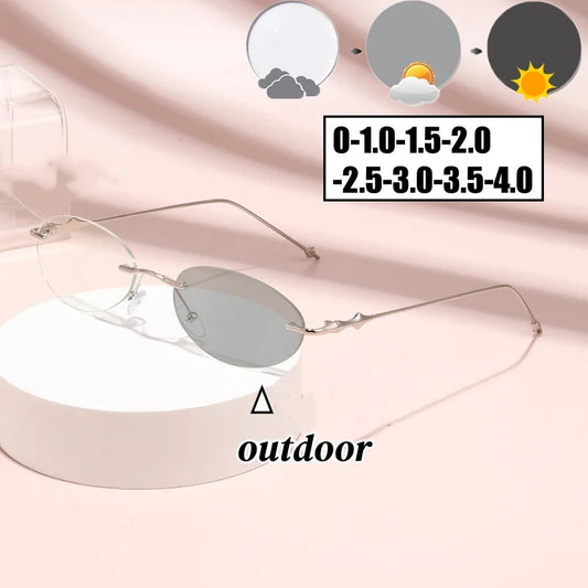 Small Oval Photochromic Myopia Glasses Women Men Fashionable Frameless Minus Diopter Glasses Trendy Outdoor Eyewear0-1.0-4.0