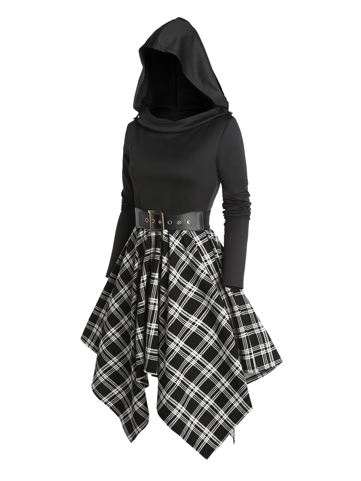 Dressfo Women's Gothic Plaid Hoodie Dresses Panel Asymmetric Hooded Dress Cowl Neck Long Sleeve Belted Dress