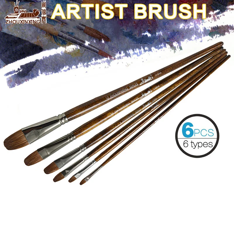 6pcs/Set artist paint brushes wood long rod Oil Paint weasel hair  Water Color Painting Acrylics Brush Art Drawing for Supplies