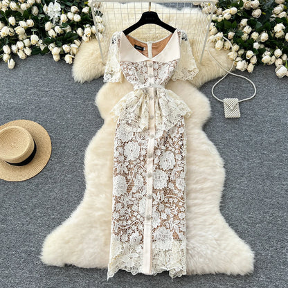Women V-neck Vintage Short Sleeve Elegant Hook Flower Hollow Lace Chic Rhinestone Slim Dress French Evening High Street Clothing