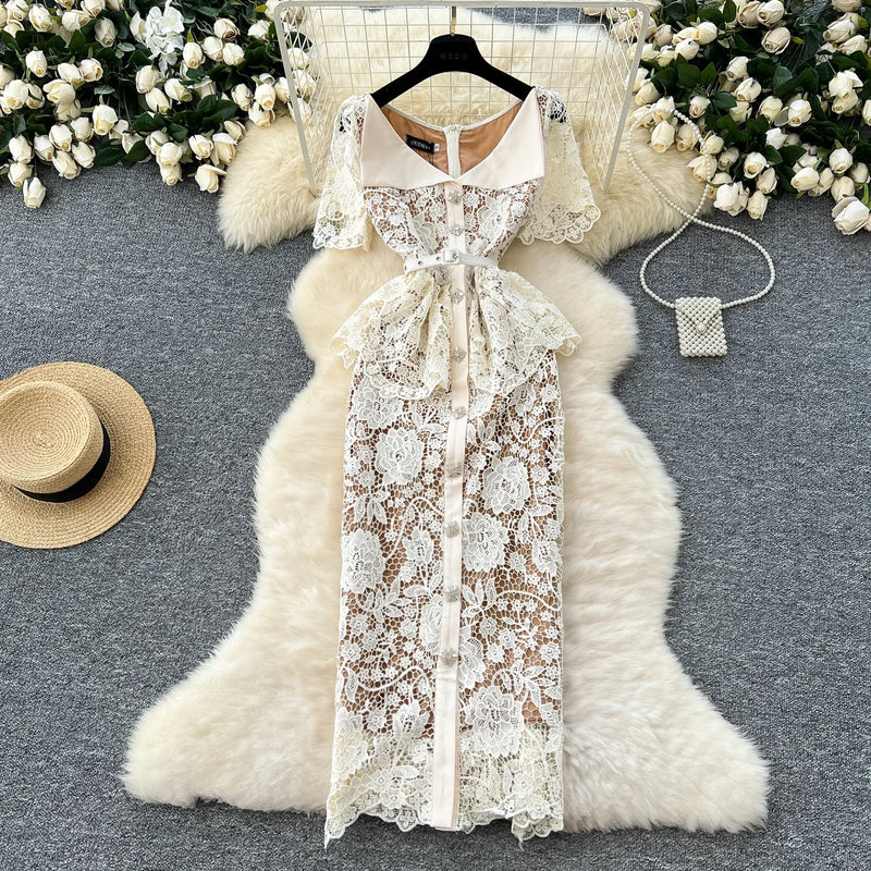 Women V-neck Vintage Short Sleeve Elegant Hook Flower Hollow Lace Chic Rhinestone Slim Dress French Evening High Street Clothing
