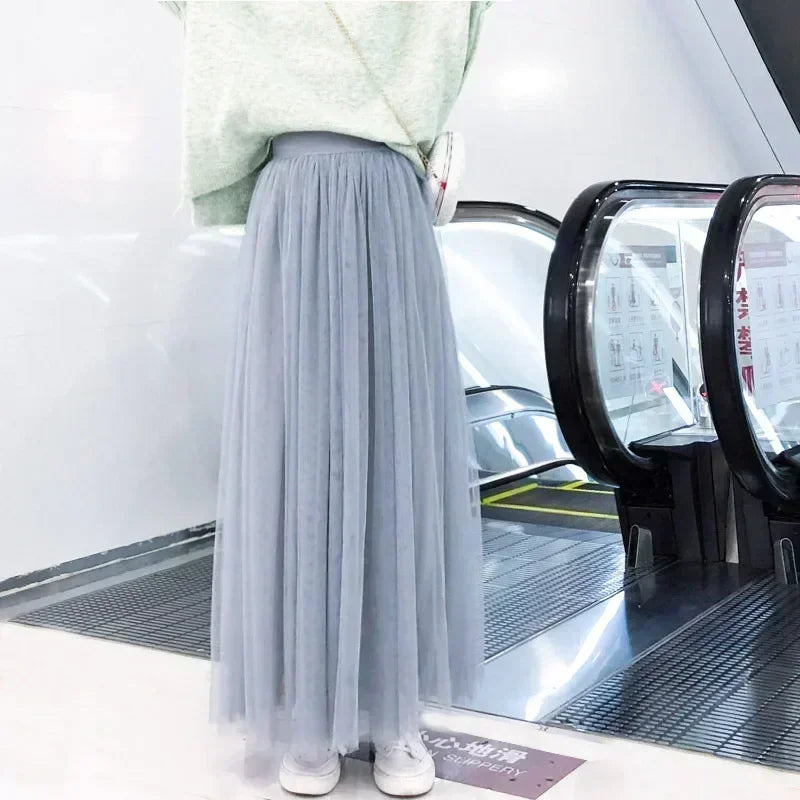 Women Mesh Elastic Tutu Skirt Beach Spring Summer Korean High Waist Fashion Pleated Long Skirt Black White Tulle Skirts LSK010