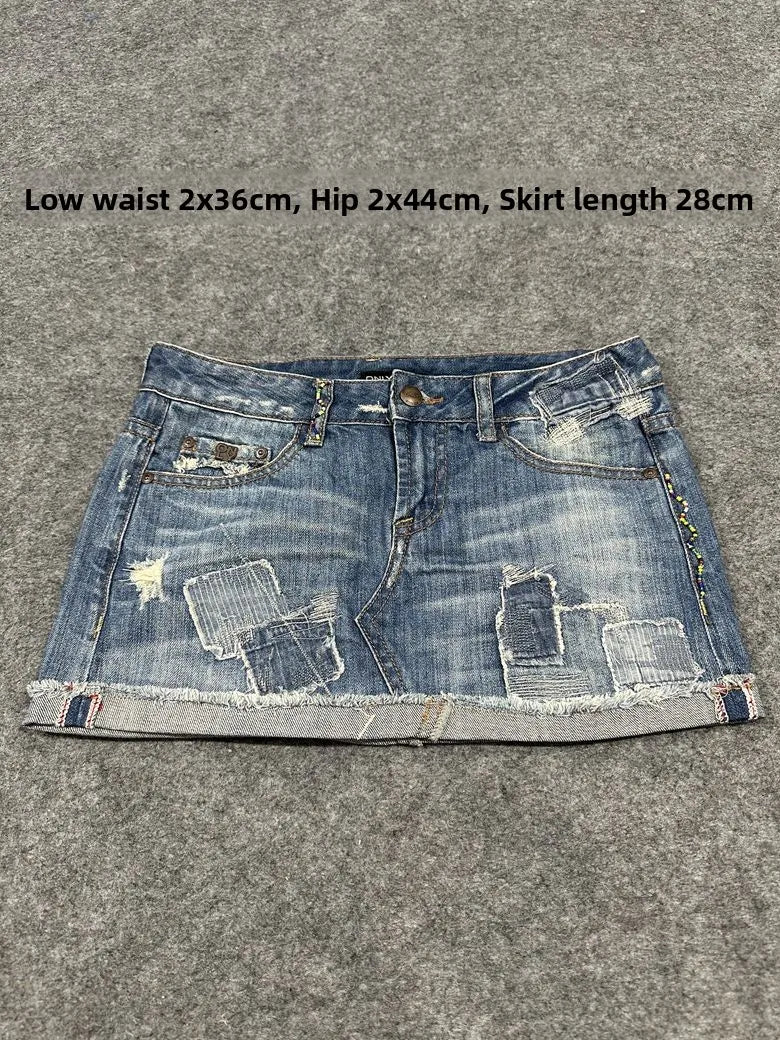 Sexy American Vintage Low Waist Denim  Skirt for Students Z4 Antiquing Y2K Trendy ort Skirt with Handmade Ripped And Fo...