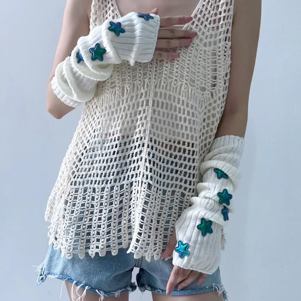 Punk Solid Color Star Knitted Gloves Y2k Gothic Wool Sleeve Cuff Long Hand Sleeve Arm Warmers Winter