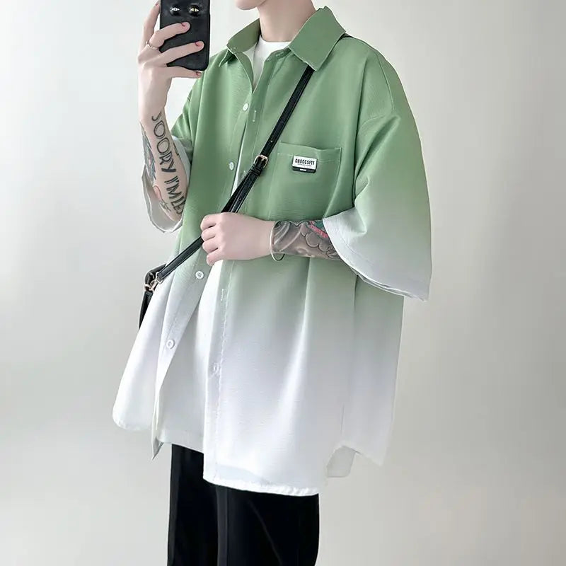 New Summer Tie-dyed Gradient Short-sleeved Shirt Men Loose Trendy Casual Five-part Cardigan