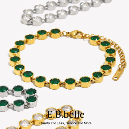 E.B.belle Stainless Steel Shiny Round Green/Clear Zircon Bracelet Chain 18K Gold Plated Women’s Hand Jewelry
