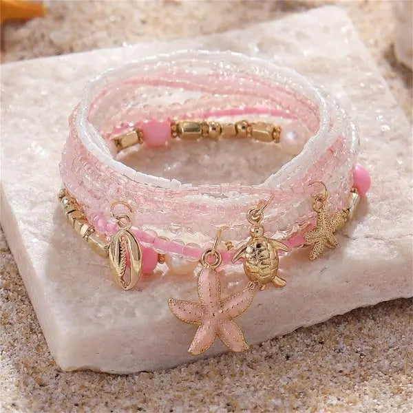 Cute Coral Starfish Shell Multi-Layer Bracelet for Women Ocean Series Fashion Stackable Beaded Jewelry Accessories