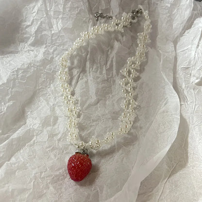 Handmade love necklace, sweet romantic pearl strawberry pendant necklace lovely necklace cute necklace necklace for women y2k