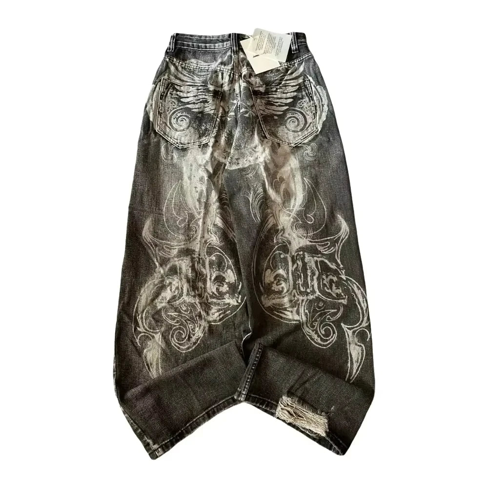 American New Fashion Old Washed Loose Jeans Women Y2K Hip Hop Harajuku Casual Joker Gothic High-waisted Wide-leg Trousers
