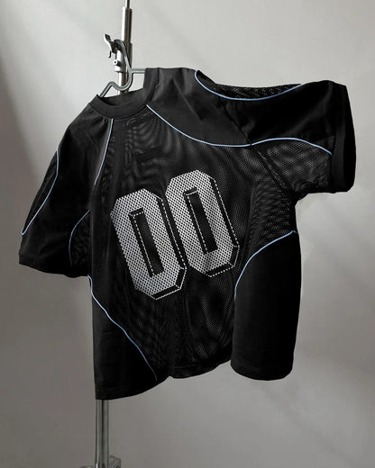 Y2K American Retro Spliced Jersey Summer Men Women Street Sportswear Gothic Digital Top Loose Mesh Breathable Sports T Shirt.