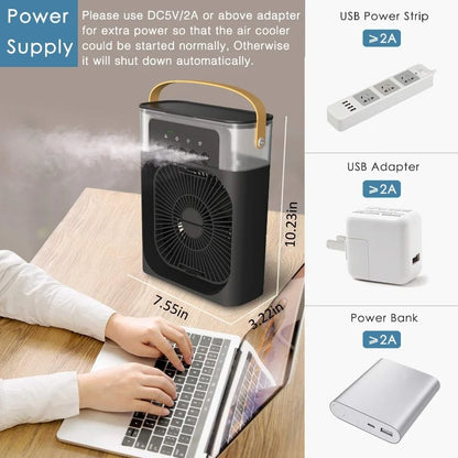 3 Wind Speeds and 3 Spray Modes Office Home Fan Portable Air Conditioner Fan LED Night Light Portable Humidifier