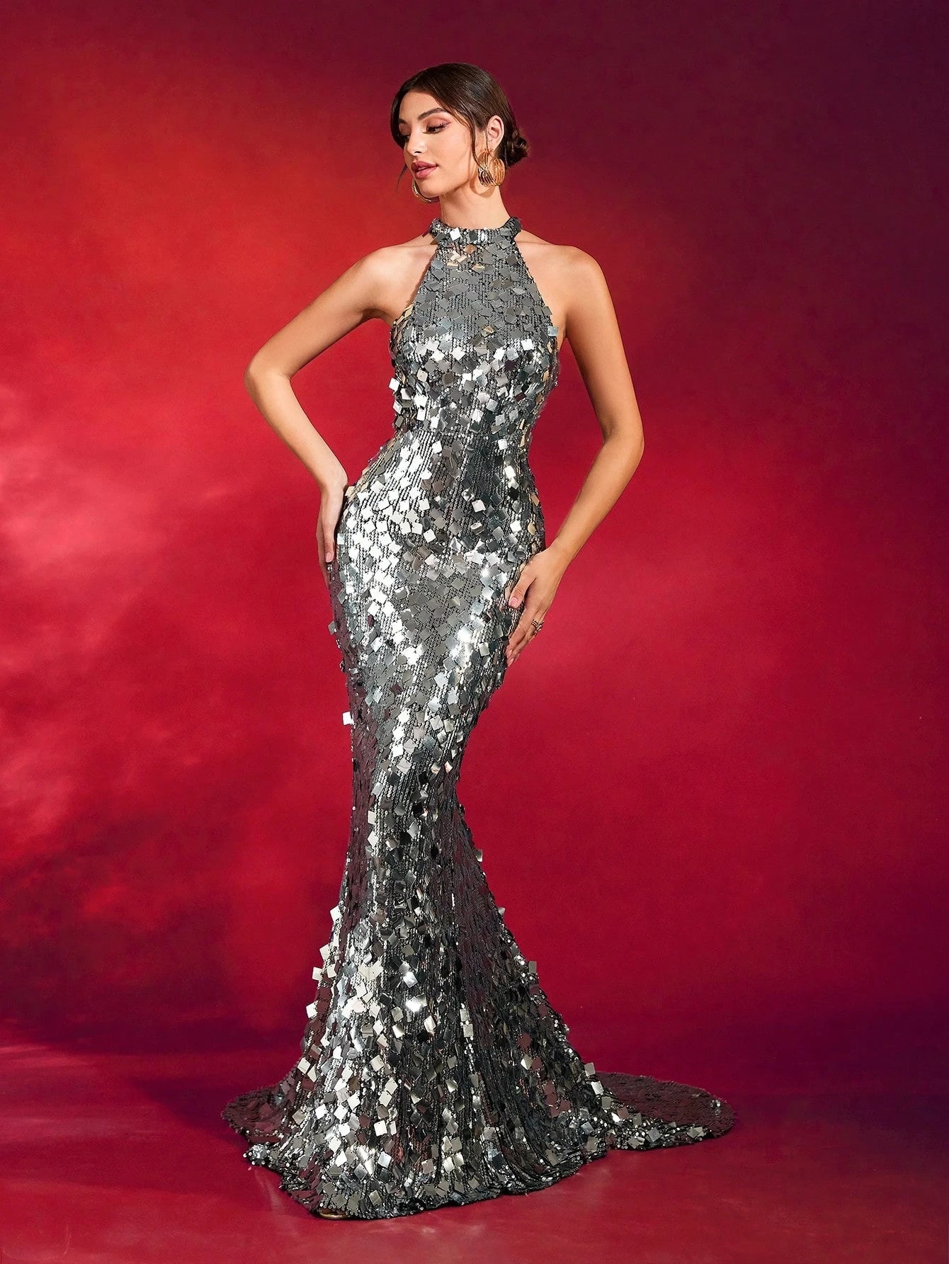 LOVE&LEMONADE Backless Sequins Halter Neck Evening Elegant Formal Prom Gown Wedding Guest Dinner Maxi Dress for Women LM86444