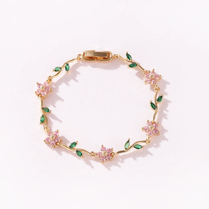 Elegant Multiple Color Flower Charm Zircon Branch Leaf Bracelet Dopamine Niche Sense 18K Gold Plated Women's Bangle Gifts