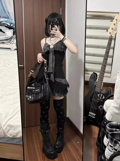 2000s Aesthetic Elegant Mini Dress Women Gothic Y2k Off Shoulder Design Retro Harajuku Dress Female Chic Korean Popular Clothes