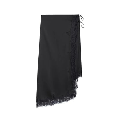 BSAY Lace Satin Asymmetry Skirt Women Fashion Autumn Winter side zip black Chic Female High Waist Elegant Long Midi Skirts Mujer