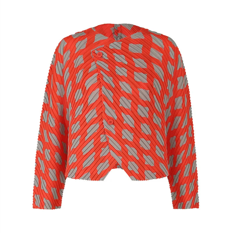 Miyake Pleated Twill Color Blocking Long Sleeved Jacket Women New Fashion Double Button Causal Short Coats