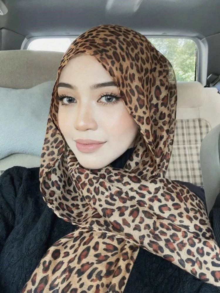 1pc Women Chiffon Classic Leopard Print Scarf Fashionable Comfortable Breathable Shawl Lightweight Headscarf Muslim HIjab Wraps