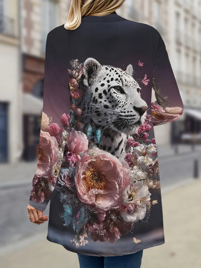 Women's Winter Jacket with 3D Tiger and Lion Animal Prints, Front-Opening Loose Fit Cape, Casual Polyester Women's Clothing