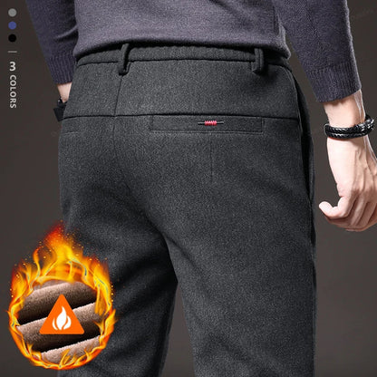 Winter Fleece Warm Brushed Fabric Men's Casual Pants Outdoors Business Thick Cotton Flocking Plush Black Grey Blue Trousers Male